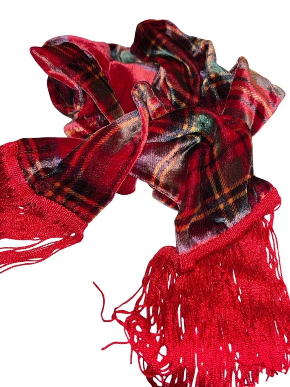 Velvet Fall HOLIDAY Stewart Plaid silk fringe trim scarf